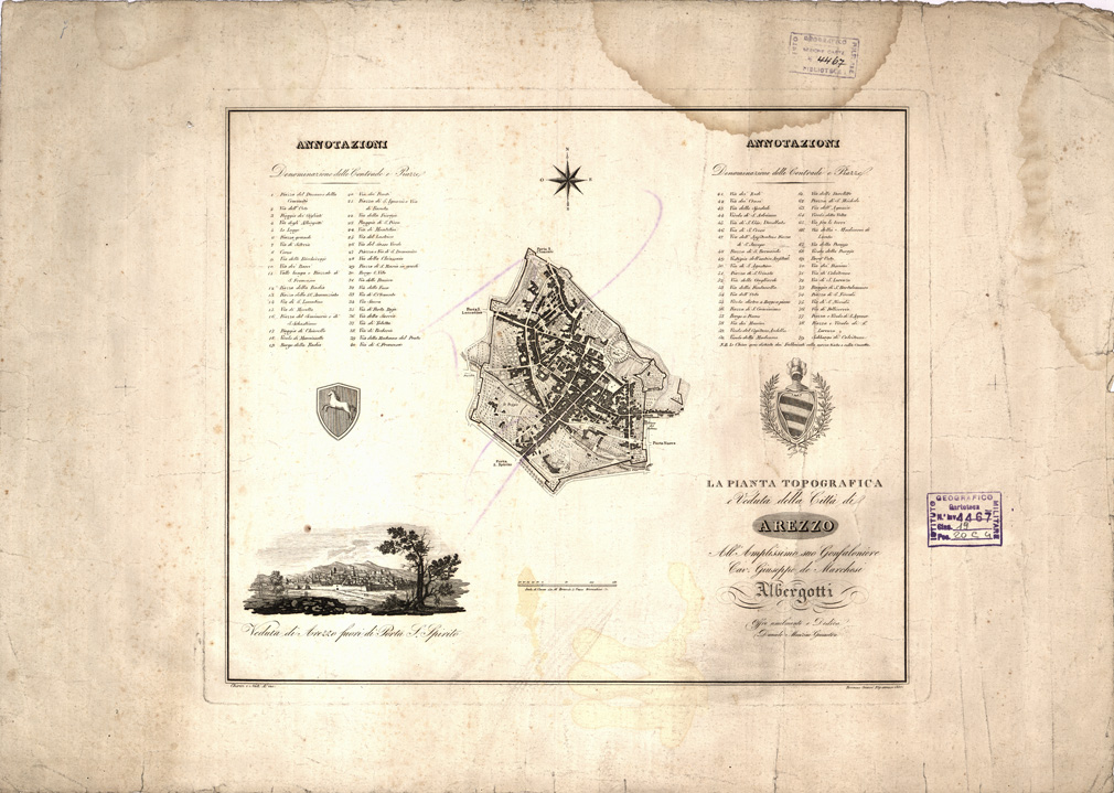 (N:13577) LA PIANTA TOPOGRAFICA E VEDUTA DELLA CITTA' DI AREZZO ALL' AMPLISSIMO SUO GONFALONIERE CAV. GIUSEPPE DE MARCHESI ALBERGOTTI OFFRE UMILMENTE E DEDICA DANIELE MANZINI GEOMETRA (B0007024) Carte e stampe antiche: riproduzione a colori su carta (formato A2)