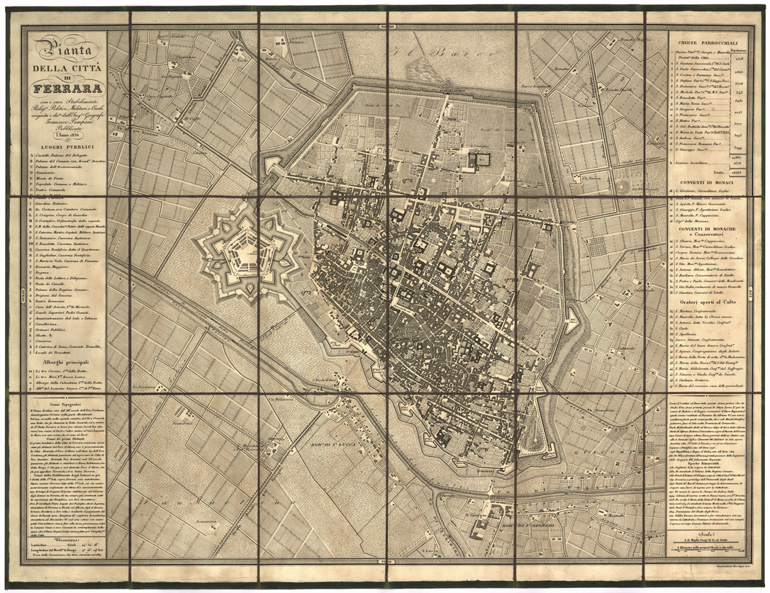 (N:13600) PIANTA DELLA CITTA' DI FERRARA CON I SUOI STABILIMENTI RELIGIOSI, POLITICI, MILITARI E CIVILI, ESEGUITA E DISEGNATA DALL'INGEGNERE GEOGRAFO FRANCESCO PAMPANI. PUBBLICATA L'ANNO 1836 (B0007026) Carte e stampe antiche: riproduzione a colori su carta (formato A2)