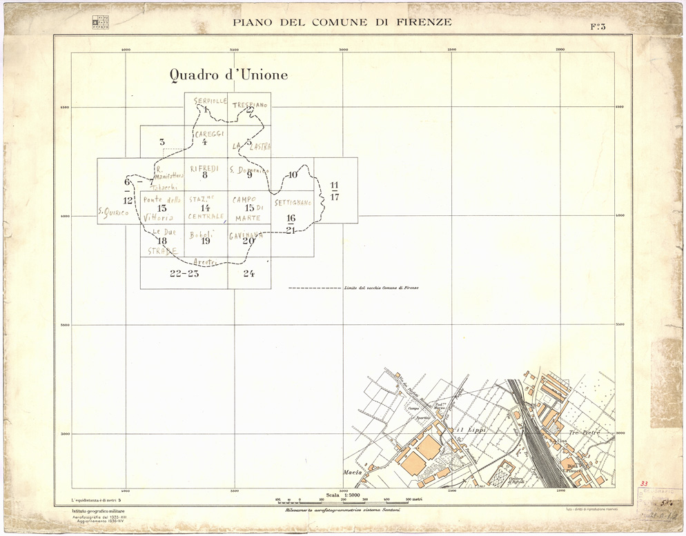 (N:13252) PIANO DEL COMUNE DI FIRENZE - Foglio 3 - Quadro d'unione (B0007034) Carte e stampe antiche: riproduzione a colori su carta (formato A2)