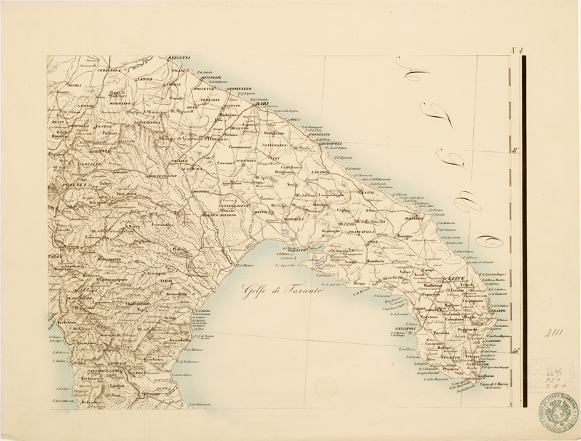 (N:3879) CARTA DELLE PROVINCIE MERIDIONALI D'ITALIA PUBBLICATA DALL'UFFICIO TOPOG. DEL R.L CORPO DI STATO MAGGIORE - Foglio 4 (B0007226) Carte e stampe antiche: riproduzione a colori su carta (formato A2)