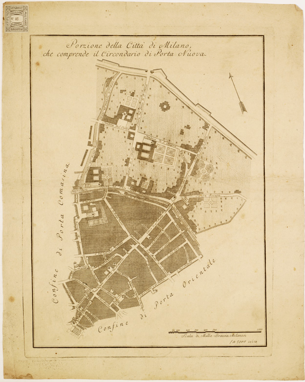 (N:13644) PIANTA DELLA CITTA' DI MILANO DIVISA IN CIRCONDARI. - Foglio 3 - Porzione della Citt di Milano che comprende il Circondario di Porta Nuova (B0007250) Carte e stampe antiche: riproduzione a colori su carta (formato A2)