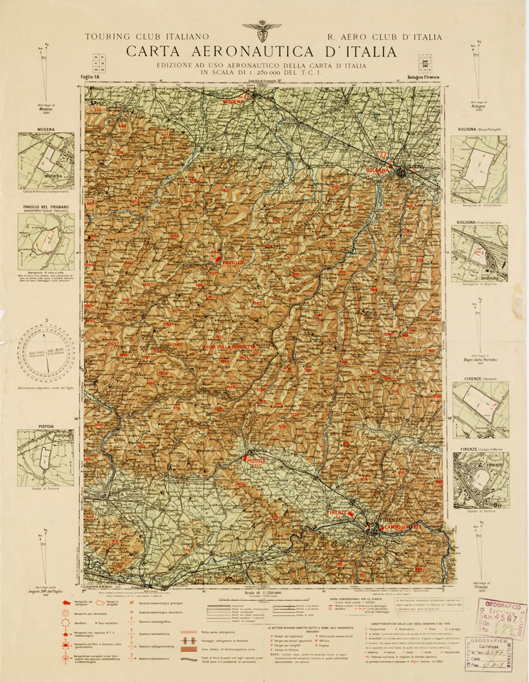 (N:628) CARTA AERONAUTICA D'ITALIA - Foglio 18 BOLOGNA FIRENZE (B0007340) Carte e stampe antiche: riproduzione a colori su carta (formato A2)
