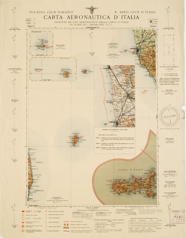 (N:633) CARTA AERONAUTICA D'ITALIA - Foglio 21 LIVORNO (B0007344) Carte e stampe antiche: riproduzione a colori su carta (formato A2)