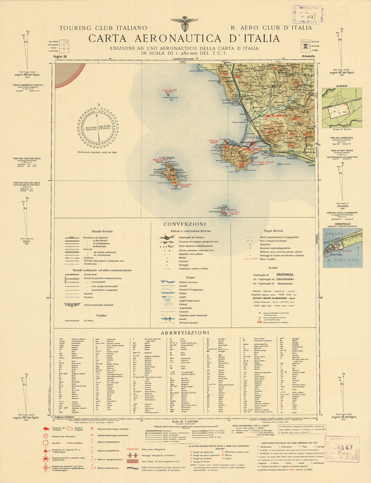 (N:639) CARTA AERONAUTICA D'ITALIA - Foglio 26 ORBETELLO (B0007350) Carte e stampe antiche: riproduzione a colori su carta (formato A2)