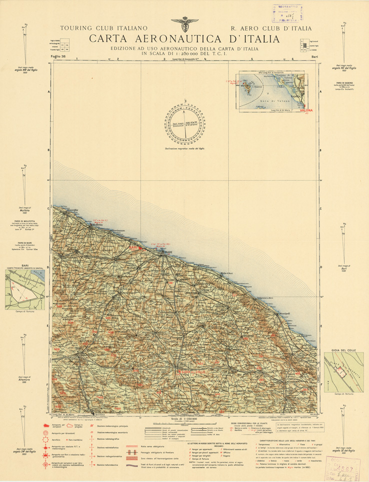 (N:652) CARTA AERONAUTICA D'ITALIA - Foglio 38 BARI (B0007362) Carte e stampe antiche: riproduzione a colori su carta (formato A2)
