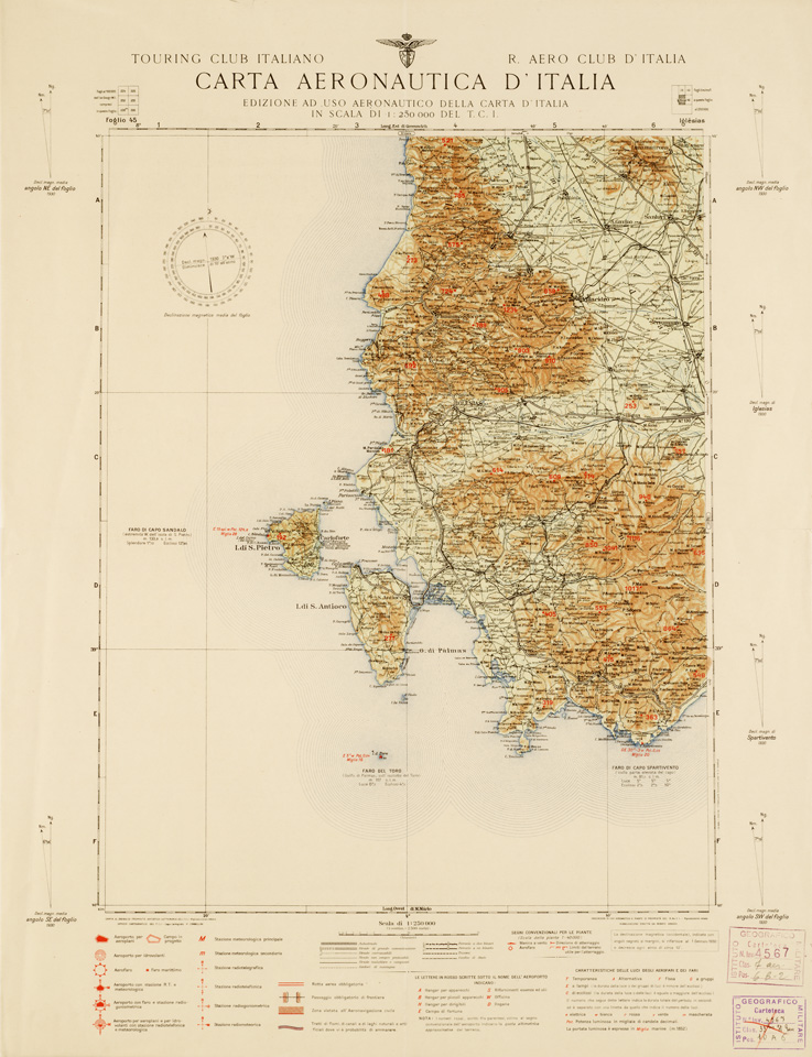 (N:660) CARTA AERONAUTICA D'ITALIA - Foglio 45 IGLESIAS (B0007369) Carte e stampe antiche: riproduzione a colori su carta (formato A2)