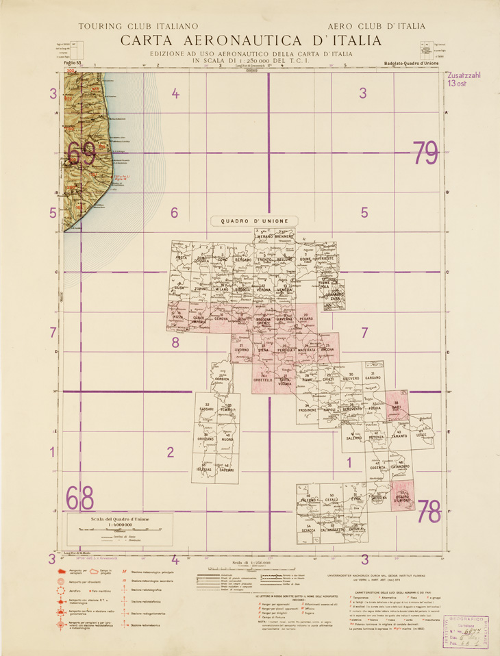(N:559) CARTA AERONAUTICA D'ITALIA (EDIZIONE TEDESCA) - QUADRO D'UNIONE (B0007380) Carte e stampe antiche: riproduzione a colori su carta (formato A2)