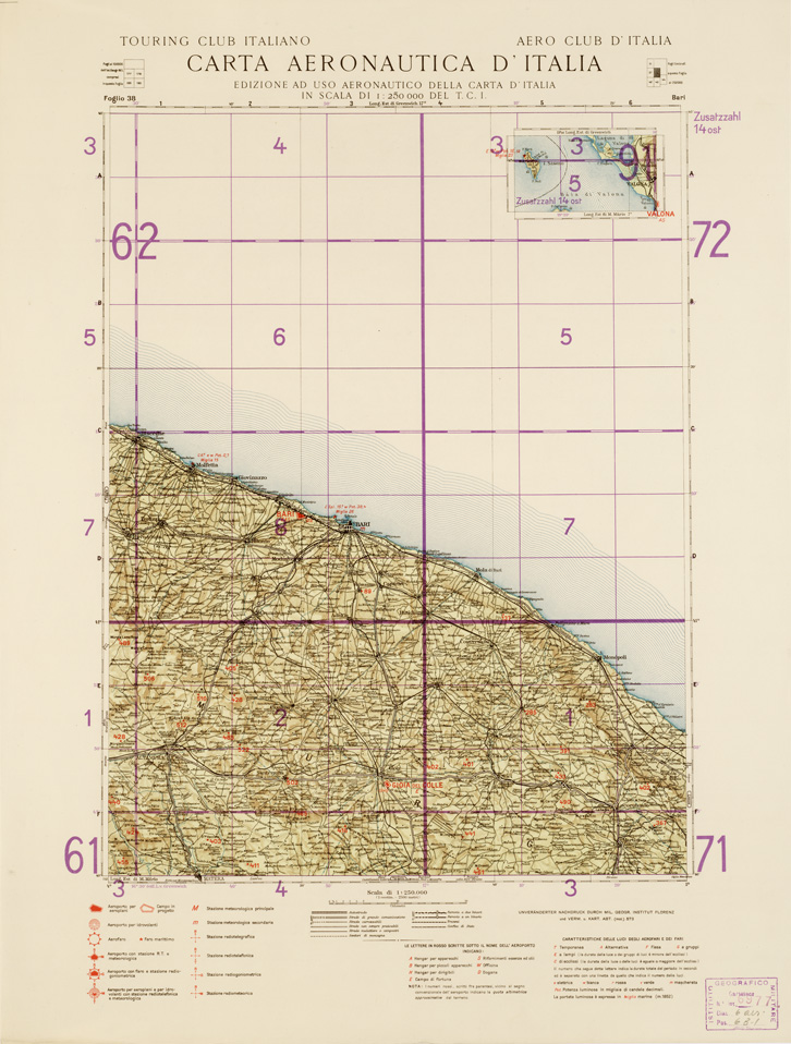 (N:558) CARTA AERONAUTICA D'ITALIA (EDIZIONE TEDESCA) - Foglio 38 BARI (B0007395) Carte e stampe antiche: riproduzione a colori su carta (formato A2)