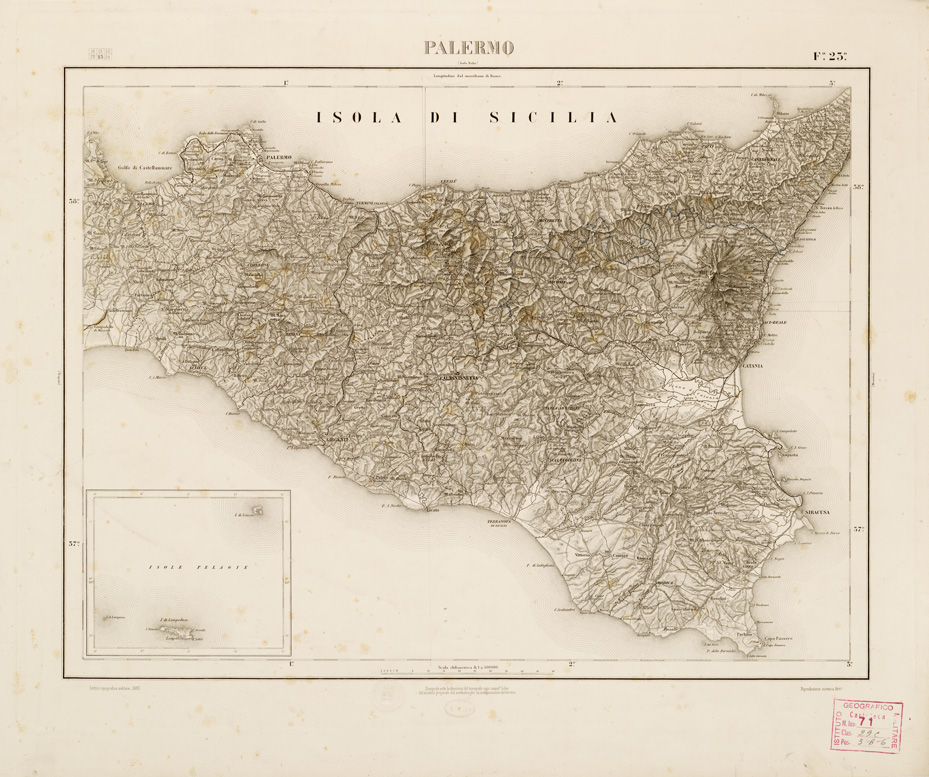 (N:787) CARTA COROGRAFICA D'ITALIA E DELLE REGIONI ADIACENTI - PALERMO Foglio 23 (B0007550) Carte e stampe antiche: riproduzione a colori su carta (formato A2)
