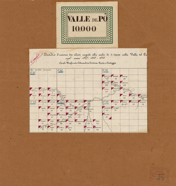 (N:7933) CARTA TOPOGRAFICA DELLA VALLE DEL PO' DA CASALE A PAVIA - QUADRO D'UNIONE (B0007643) Carte e stampe antiche: riproduzione a colori su carta (formato A2)
