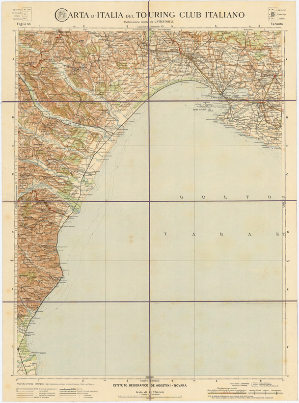 (N:1250) CARTA D'ITALIA DEL TOURING CLUB ITALIANO - Foglio 43 TARANTO (B0007943) Carte e stampe antiche: riproduzione a colori su carta (formato A2)