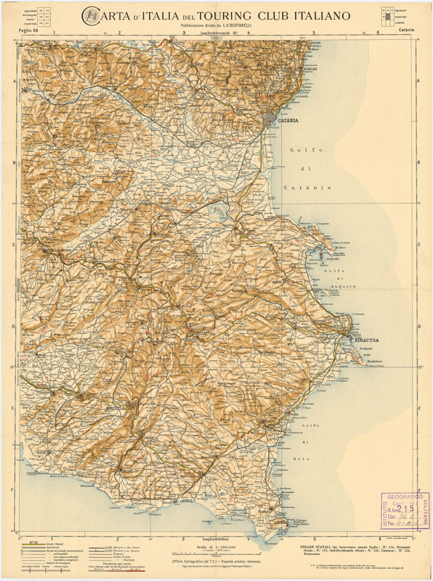 (N:1328) CARTA D'ITALIA DEL TOURING CLUB ITALIANO PUBBLICAZIONE DIRETTA DA L.V. BERTARELLI - Foglio 56 - Catania (B0008079) Carte e stampe antiche: riproduzione a colori su carta (formato A2)
