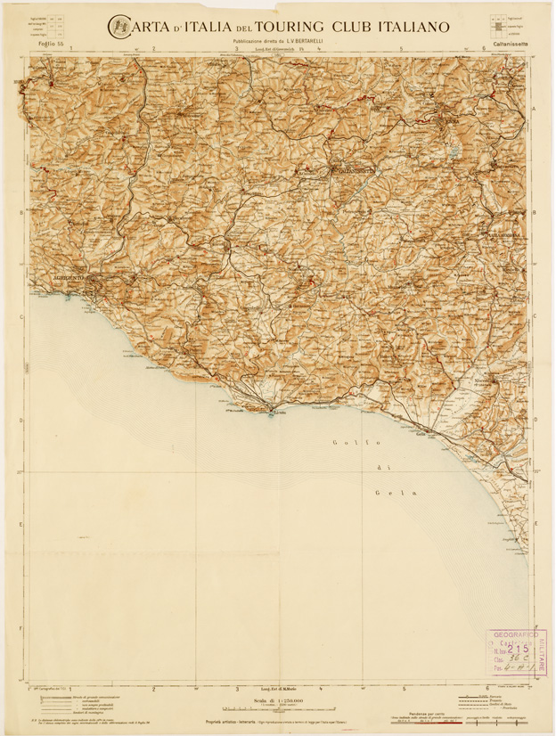 (N:1327) CARTA D'ITALIA DEL TOURING CLUB ITALIANO PUBBLICAZIONE DIRETTA DA L.V. BERTARELLI - Foglio 55 - Caltanissetta (B0008080) Carte e stampe antiche: riproduzione a colori su carta (formato A2)
