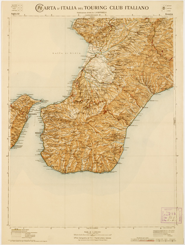 (N:1324) CARTA D'ITALIA DEL TOURING CLUB ITALIANO PUBBLICAZIONE DIRETTA DA L.V. BERTARELLI - Foglio 52 - Messina. (B0008083) Carte e stampe antiche: riproduzione a colori su carta (formato A2)