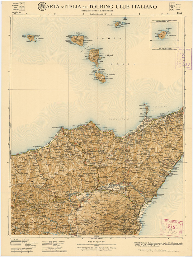 (N:1323) CARTA D'ITALIA DEL TOURING CLUB ITALIANO PUBBLICAZIONE DIRETTA DA L.V. BERTARELLI - Foglio 51 - Etna. (B0008084) Carte e stampe antiche: riproduzione a colori su carta (formato A2)