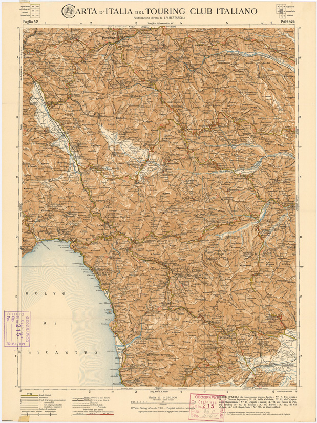 (N:1312) CARTA D'ITALIA DEL TOURING CLUB ITALIANO PUBBLICAZIONE DIRETTA DA L.V. BERTARELLI - Foglio 42 - Potenza. (B0008093) Carte e stampe antiche: riproduzione a colori su carta (formato A2)