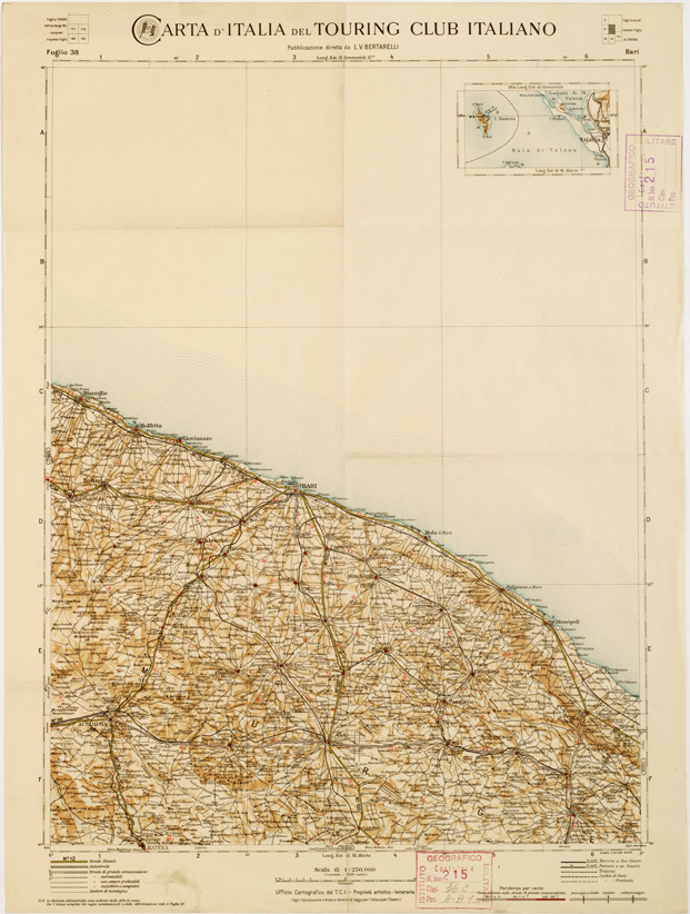 (N:1307) CARTA D'ITALIA DEL TOURING CLUB ITALIANO PUBBLICAZIONE DIRETTA DA L.V. BERTARELLI - Foglio 38 - Bari. (B0008097) Carte e stampe antiche: riproduzione a colori su carta (formato A2)