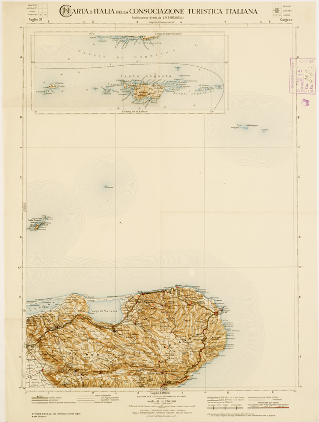 (N:1300) CARTA D'ITALIA DEL TOURING CLUB ITALIANO PUBBLICAZIONE DIRETTA DA L.V. BERTARELLI - Foglio 31 - Gargano. (B0008104) Carte e stampe antiche: riproduzione a colori su carta (formato A2)
