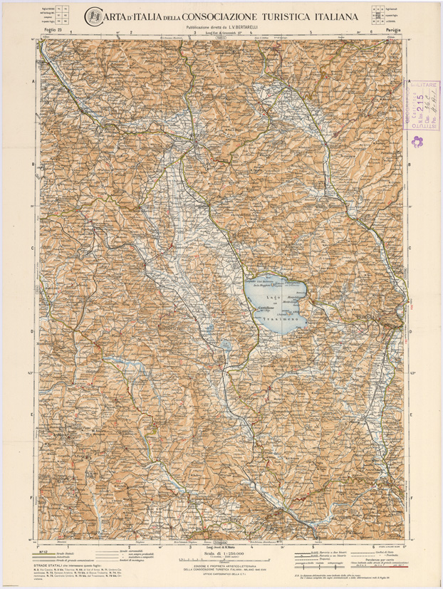 (N:1290) CARTA D'ITALIA DEL TOURING CLUB ITALIANO PUBBLICAZIONE DIRETTA DA L.V. BERTARELLI - Foglio 23 - Perugia. (B0008113) Carte e stampe antiche: riproduzione a colori su carta (formato A2)