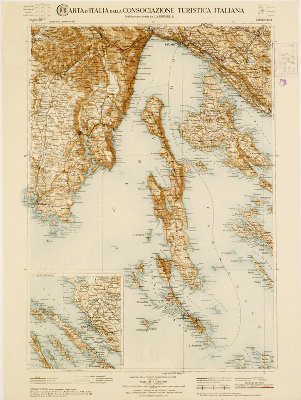 (N:1286) CARTA D'ITALIA DEL TOURING CLUB ITALIANO PUBBLICAZIONE DIRETTA DA L.V. BERTARELLI - Foglio 20 bis - Carnaro - Zara. (B0008116) Carte e stampe antiche: riproduzione a colori su carta (formato A2)