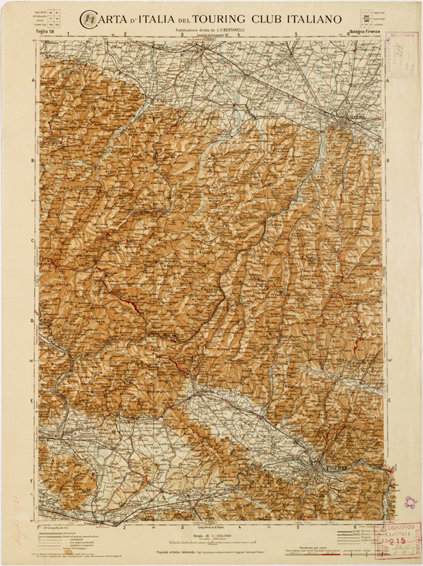 (N:1283) CARTA D'ITALIA DEL TOURING CLUB ITALIANO PUBBLICAZIONE DIRETTA DA L.V. BERTARELLI - Foglio 18 - Bologna - Firenze. (B0008119) Carte e stampe antiche: riproduzione a colori su carta (formato A2)
