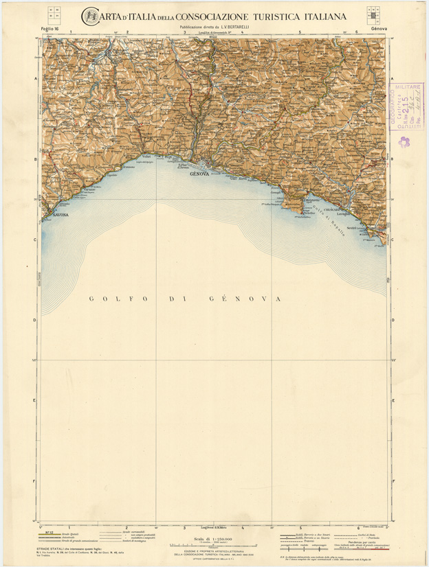 (N:1281) CARTA D'ITALIA DEL TOURING CLUB ITALIANO PUBBLICAZIONE DIRETTA DA L.V. BERTARELLI - Foglio 16 - Genova. (B0008121) Carte e stampe antiche: riproduzione a colori su carta (formato A2)