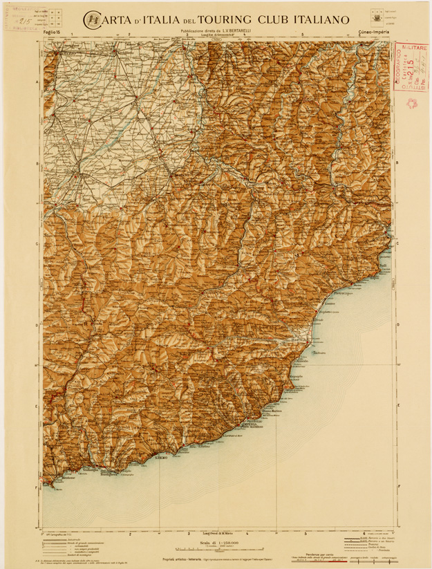 (N:1280) CARTA D'ITALIA DEL TOURING CLUB ITALIANO PUBBLICAZIONE DIRETTA DA L.V. BERTARELLI - Foglio 15 - Cuneo - Imperia. (B0008122) Carte e stampe antiche: riproduzione a colori su carta (formato A2)