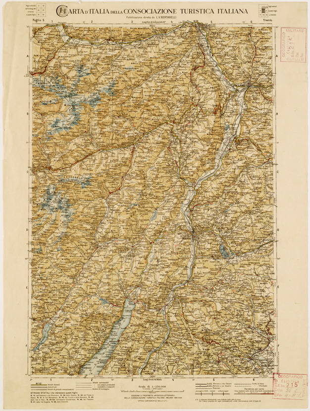 (N:1321) CARTA D'ITALIA DEL TOURING CLUB ITALIANO PUBBLICAZIONE DIRETTA DA L.V. BERTARELLI - Foglio 5 - Trento. (B0008136) Carte e stampe antiche: riproduzione a colori su carta (formato A2)
