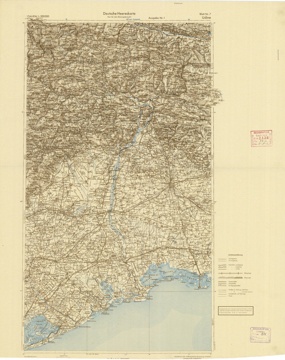 (N:9327) DEUTSCHE HEERESKARTE - ITALIEN - Foglio 7 - Udine (B0008354) Carte e stampe antiche: riproduzione a colori su carta (formato A2)