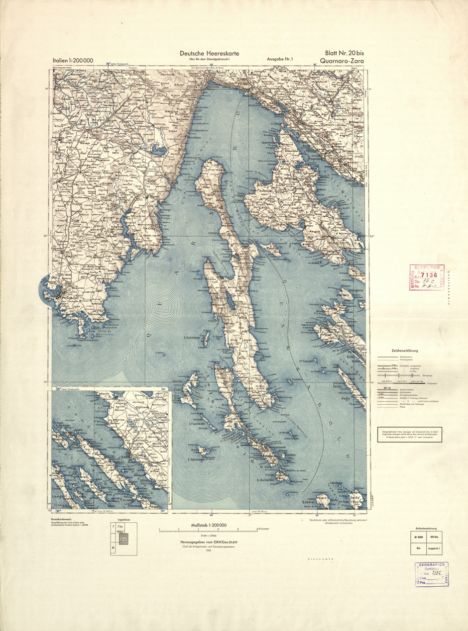 (N:9321) DEUTSCHE HEERESKARTE - ITALIEN - Foglio 20 bis - Quarnaro-Zara (B0008359) Carte e stampe antiche: riproduzione a colori su carta (formato A2)