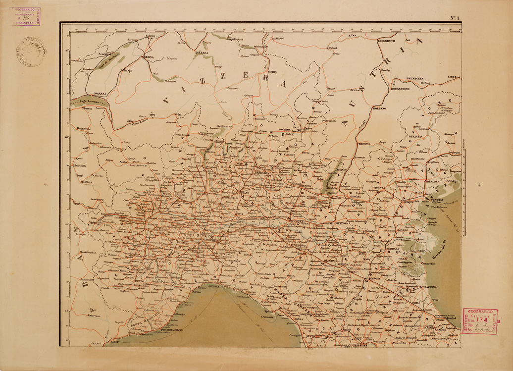 (N:5487) CARTA ITINERARIA DEL REGNO D'ITALIA A CORREDO DELL' ITINERARIO GENERALE (3^ EDIZIONE RIVEDUTA E CORRETTA). ISTITUTO TOPOGRAFICO MILITARE - Foglio 1 (B0008387) Carte e stampe antiche: riproduzione a colori su carta (formato A2)