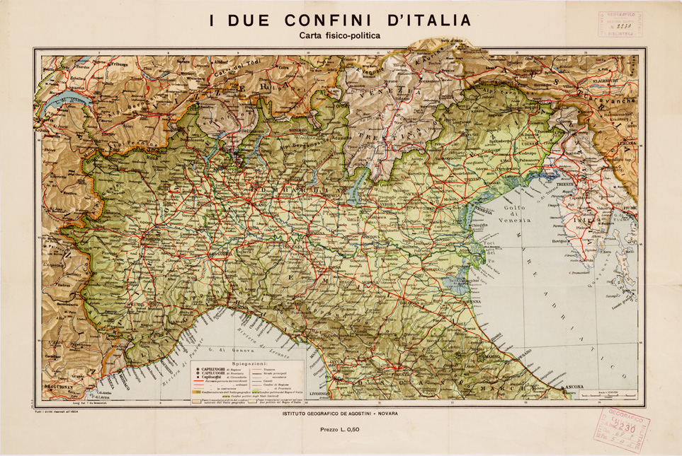 (N:10534) I DUE CONFINI D'ITALIA CARTA FISICO-POLITICA. (B0008485) Carte e stampe antiche: riproduzione a colori su carta (formato A2)