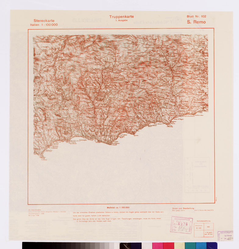 (N:9651) TRUPPENKARTE - STEREOKARTE - (CARTA STEREOSCOPICA PER USO MILITARE) - Foglio 102 - S. Remo (B0008628) Carte e stampe antiche: riproduzione a colori su carta (formato A2)