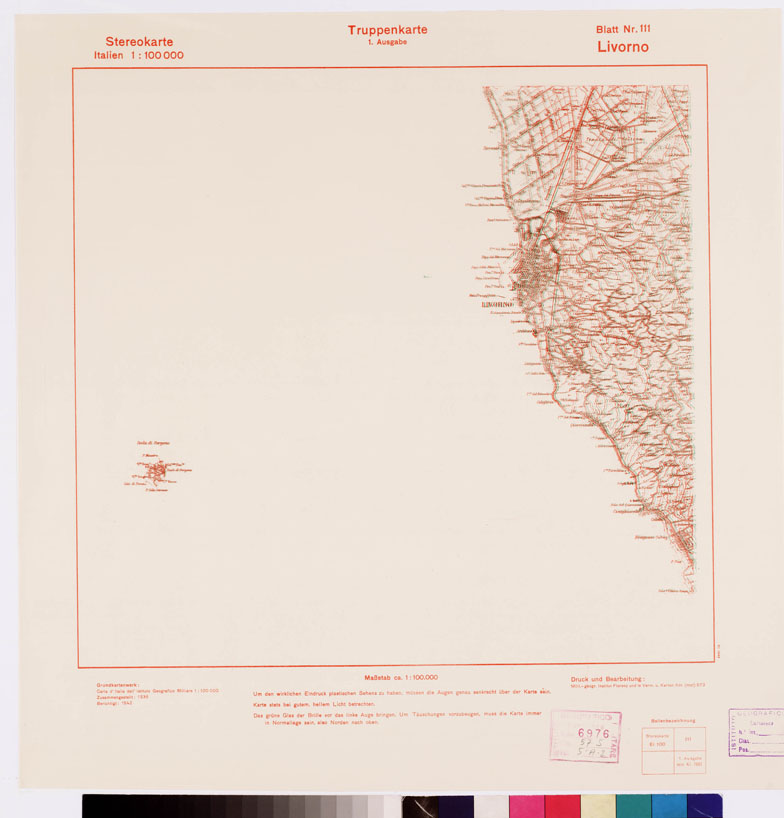 (N:9491) TRUPPENKARTE - STEREOKARTE - (CARTA STEREOSCOPICA PER USO MILITARE) - Foglio 111 - Livorno (B0008637) Carte e stampe antiche: riproduzione a colori su carta (formato A2)