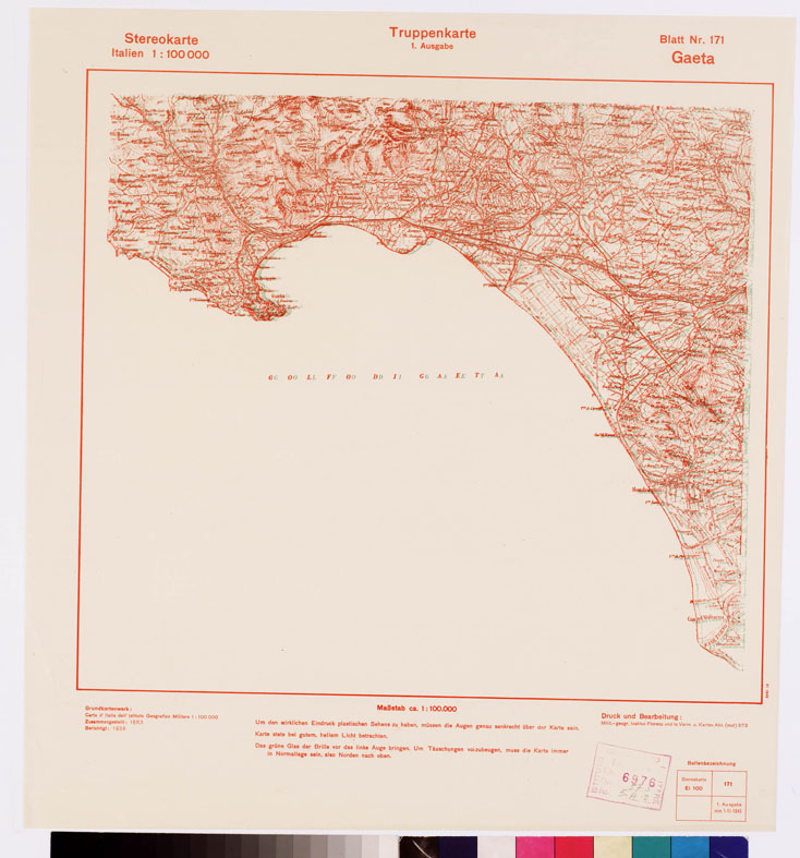 (N:8845) TRUPPENKARTE - STEREOKARTE - (CARTA STEREOSCOPICA PER USO MILITARE) - Foglio 171 - Gaeta (B0008684) Carte e stampe antiche: riproduzione a colori su carta (formato A2)