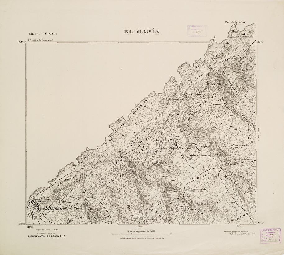 (N:2753) CARTA TOPOGRAFICA DELLA CIRENAICA AL 25.000 - CIRENE IV S. O. - El-Hania (B0009622) Carte e stampe antiche: riproduzione a colori su carta (formato A2)