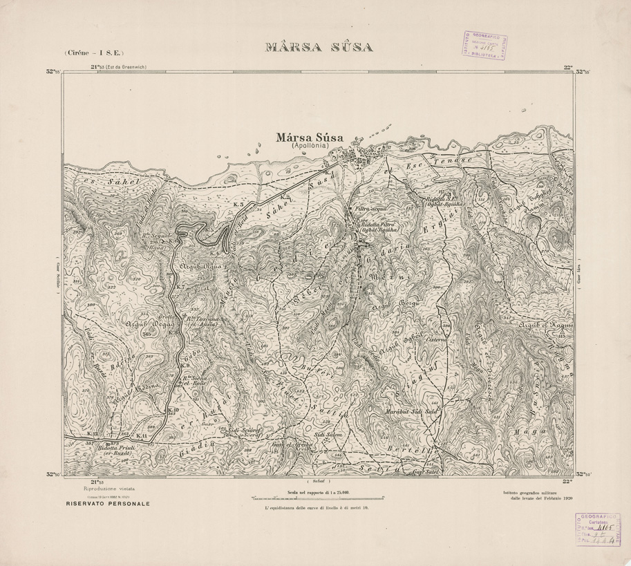 (N:2766) CARTA TOPOGRAFICA DELLA CIRENAICA AL 25.000 - CIRENE I S. E. - Marsa Susa (B0009628) Carte e stampe antiche: riproduzione a colori su carta (formato A2)