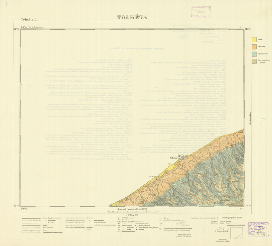 (N:7459) CARTA TOPOGRAFICA DELLA CIRENAICA ALLA SCALA DI 1:50.000 - TOLMETA II - Tolmeta - Varie specie di terreni (B0009736) Carte e stampe antiche: riproduzione a colori su carta (formato A2)