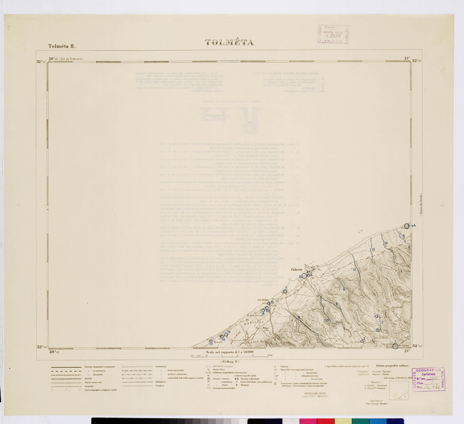 (N:7524) CARTA TOPOGRAFICA DELLA CIRENAICA ALLA SCALA DI 1:50.000 - TOLMETA II - Tolmeta - Pozzi e cisterne (B0009794, B0009795) Carte e stampe antiche: riproduzione a colori su carta (formato A2)