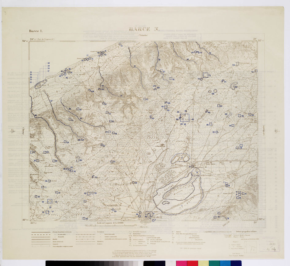 (N:7530) CARTA TOPOGRAFICA DELLA CIRENAICA ALLA SCALA DI 1:50.000 - BARCE I - Barce N. - Pozzi e cisterne (B0009800, B0009801) Carte e stampe antiche: riproduzione a colori su carta (formato A2)