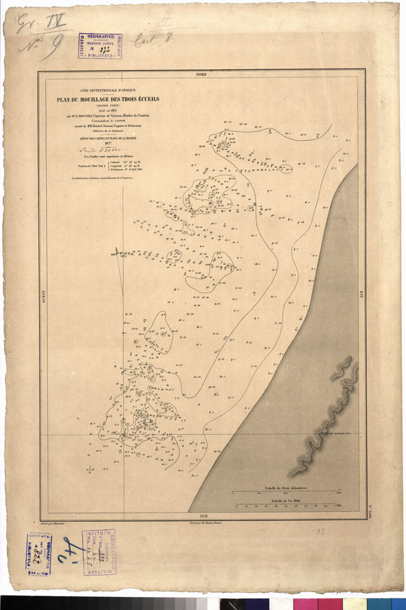 (N:9265) COTE SEPTENTRIONALE D'AFRIQUE PLAN DU MOUILLAGE DES TROIS ECUEILS (GRANDE SYRTE). (B0010084) Carte e stampe antiche: riproduzione a colori su carta (formato A2)