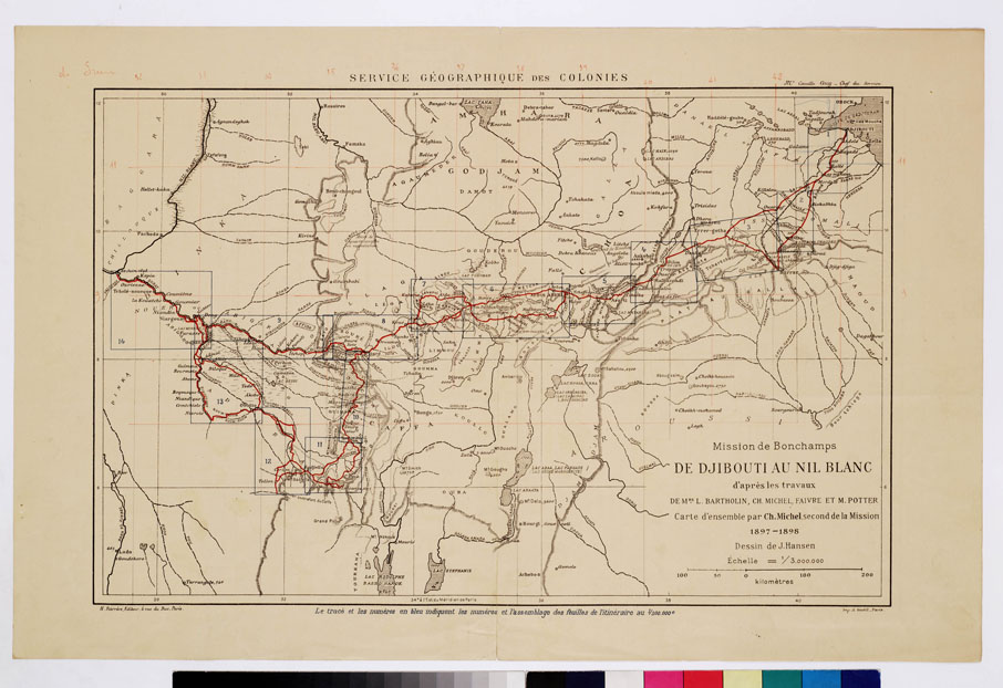 (N:12836) MISSION DE BONCHAMPS DE DJIBOUTI AU NIL BLANC D'APRES LES TRAVAUX DE M.RS L. BARTHOLIN, CH. MICHEL, FAIVRE ET M. POTTER. CARTE D'ENSEMBLE PAR CH. MICHEL SECOND DE LA MISSION 1897 - 1898 DESSIN DE J. HANSEN - Quadro d'unione (B0010172) Carte e stampe antiche: riproduzione a colori su carta (formato A2)