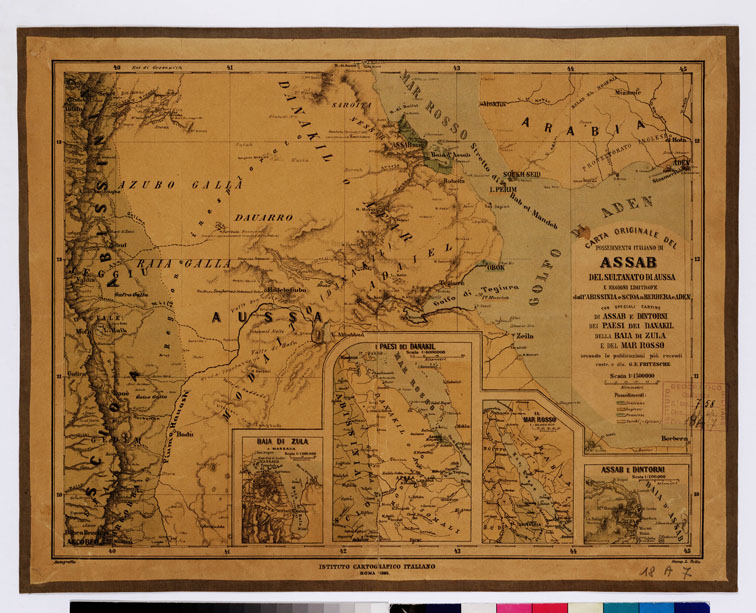 (N:5770) CARTA ORIGINALE DEL POSSIEDIMENTO ITALIANO DI ASSAB DEL SULTANATO DI AUSSA E REGIONI LIMITROFE DELL'ABISSINIA E SCIOA A BERBERA E ADEN CON SPECIALI CARTINE DI ASSAB E DINTORNI NEI PAESI DEI DANAKIL DELLA BAIA DI ZULA E DEL MAR ROSSO. (B0010675) Carte e stampe antiche: riproduzione a colori su carta (formato A2)