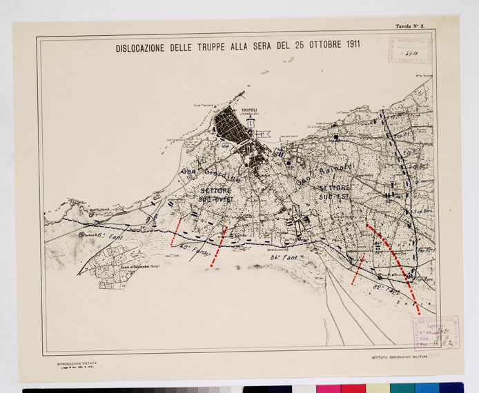 (N:9887) FORTIFICAZIONI DI TRIPOLI E DINTORNI - DISLOCAZIONE DELLE TRUPPE ALLA SERA DEL 25 OTTOBRE 1911 E 26 OTTOBRE 1911 - Tavola 3 (B0011001) Carte e stampe antiche: riproduzione a colori su carta (formato A2)