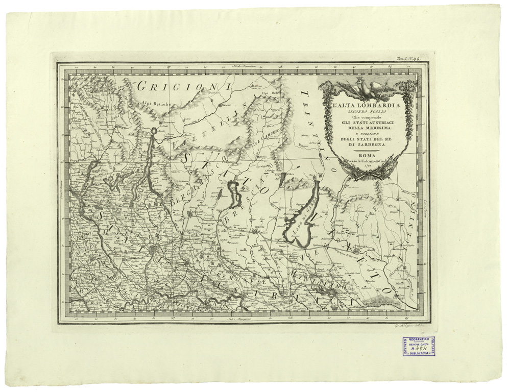 (N:11218) CARTE ANTICHE PROVENIENTI DALLA CALCOGRAFIA CAMERALE DI ROMA - L'ALTA LOMBARDIA SECONDO FOGLIO CHE COMPRENDE GLI STATI AUSTRIACI DELLA MEDESIMA E PORZIONE DEGLI STATI DEL RE DI SARDEGNA - Tomo I n. 44 (B0013019) Carte e stampe antiche: riproduzione a colori su carta (formato A2)