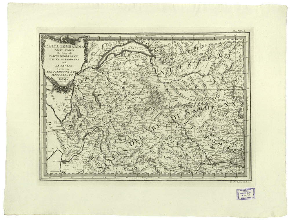 (N:11211) CARTE ANTICHE PROVENIENTI DALLA CALCOGRAFIA CAMERALE DI ROMA - L'ALTA LOMBARDIA PRIMO FOGLIO CHE COMPRENDE PARTE DEGLI STATI DEL RE DI SARDEGNA CIOE' LA SAVOJA E PORZIONI DEL PIEMONTE E DEL MONFERRATO - Tomo I n. 43 (B0013022) Carte e stampe antiche: riproduzione a colori su carta (formato A2)
