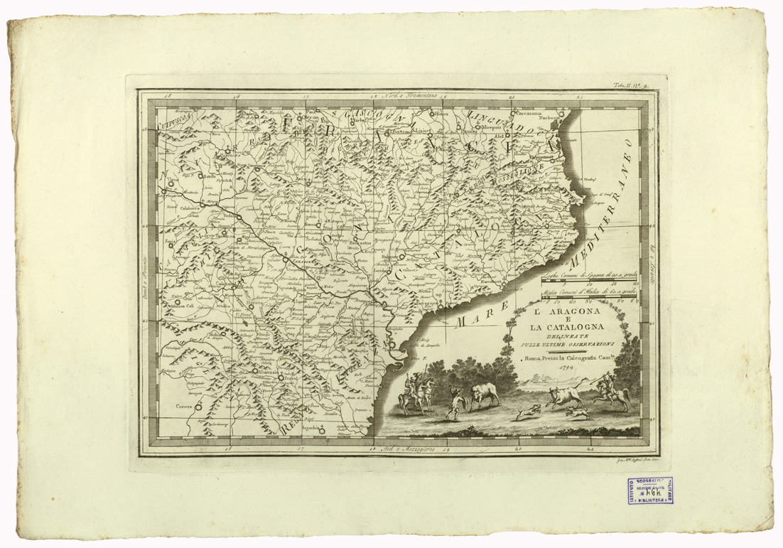 (N:9333) CARTE ANTICHE PROVENIENTI DALLA CALCOGRAFIA CAMERALE DI ROMA - L'ARAGONA E LA CATALOGNA DELINEATE SULLE ULTIME OSSERVAZIONI - Tomo II n. 9 (B0013054) Carte e stampe antiche: riproduzione a colori su carta (formato A2)
