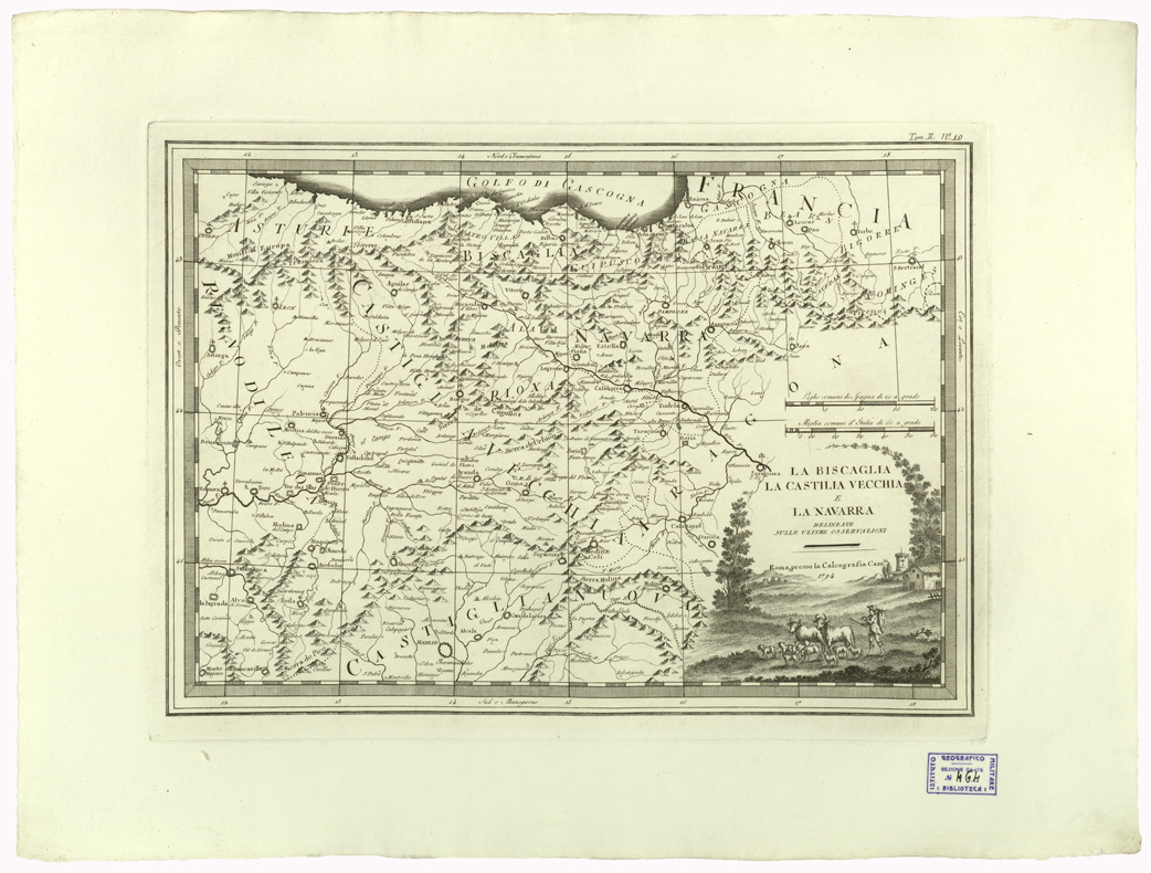 (N:9302) CARTE ANTICHE PROVENIENTI DALLA CALCOGRAFIA CAMERALE DI ROMA - LA BISCAGLIA LA CASTILIA VECCHIA E LA NAVARRA DELINEATE SULLE ULTIME OSSERVAZIONI - Tomo II n. 10 (B0013060) Carte e stampe antiche: riproduzione a colori su carta (formato A2)