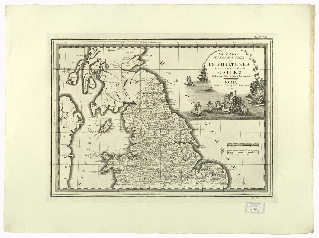 (N:9050) CARTE ANTICHE PROVENIENTI DALLA CALCOGRAFIA CAMERALE DI ROMA - LA PARTE SETTENTRIONALE DELL'INGHILTERRA E DEL PRINCIPATO DI GALLES DELINEATA SULLE ULTIME OSSERVAZIONI - Tomo II n. 50 (B0013083) Carte e stampe antiche: riproduzione a colori su carta (formato A2)
