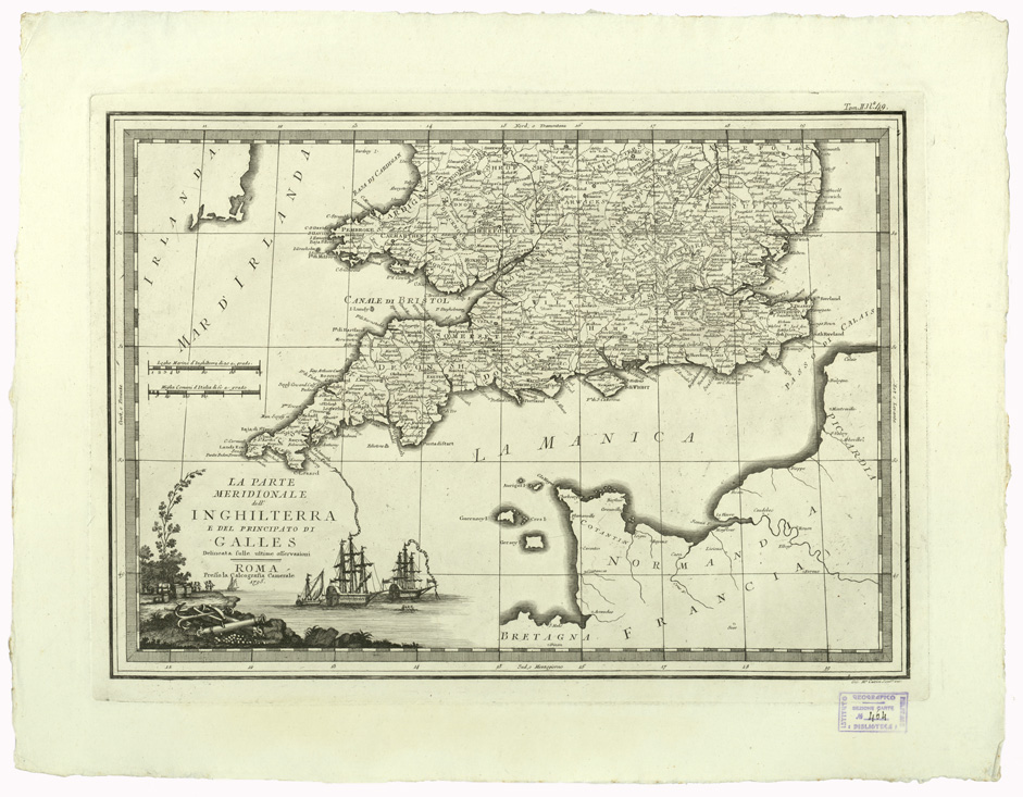 (N:9048) CARTE ANTICHE PROVENIENTI DALLA CALCOGRAFIA CAMERALE DI ROMA - LA PARTE MERIDIONALE DELL'INGHILTERRA E DEL PRINCIPATO DI GALLES DELINEATA SULLE ULTIME OSSERVAZIONI - Tomo II n. 49 (B0013084) Carte e stampe antiche: riproduzione a colori su carta (formato A2)